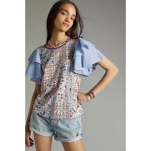 Let Me Be Blue Red Floral Print Short Flutter Sleeved Top Womens Medium